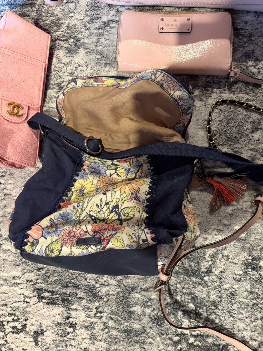 Floral Navy Crossbody Bag with Tassel Accent